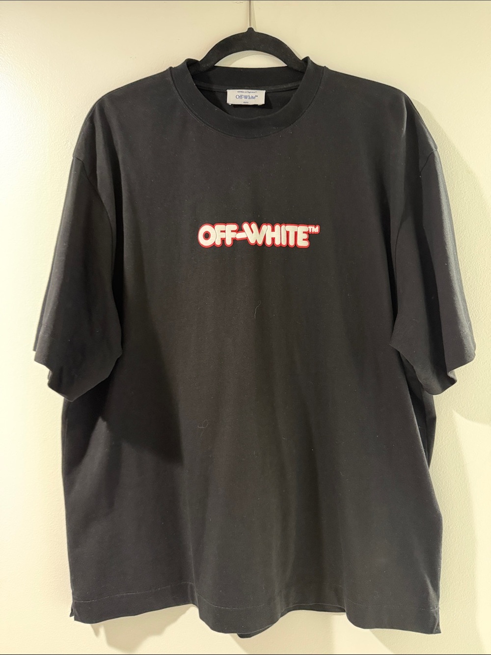 Off-White Black Short Sleeve Logo Tee with Red-Outlined White Script